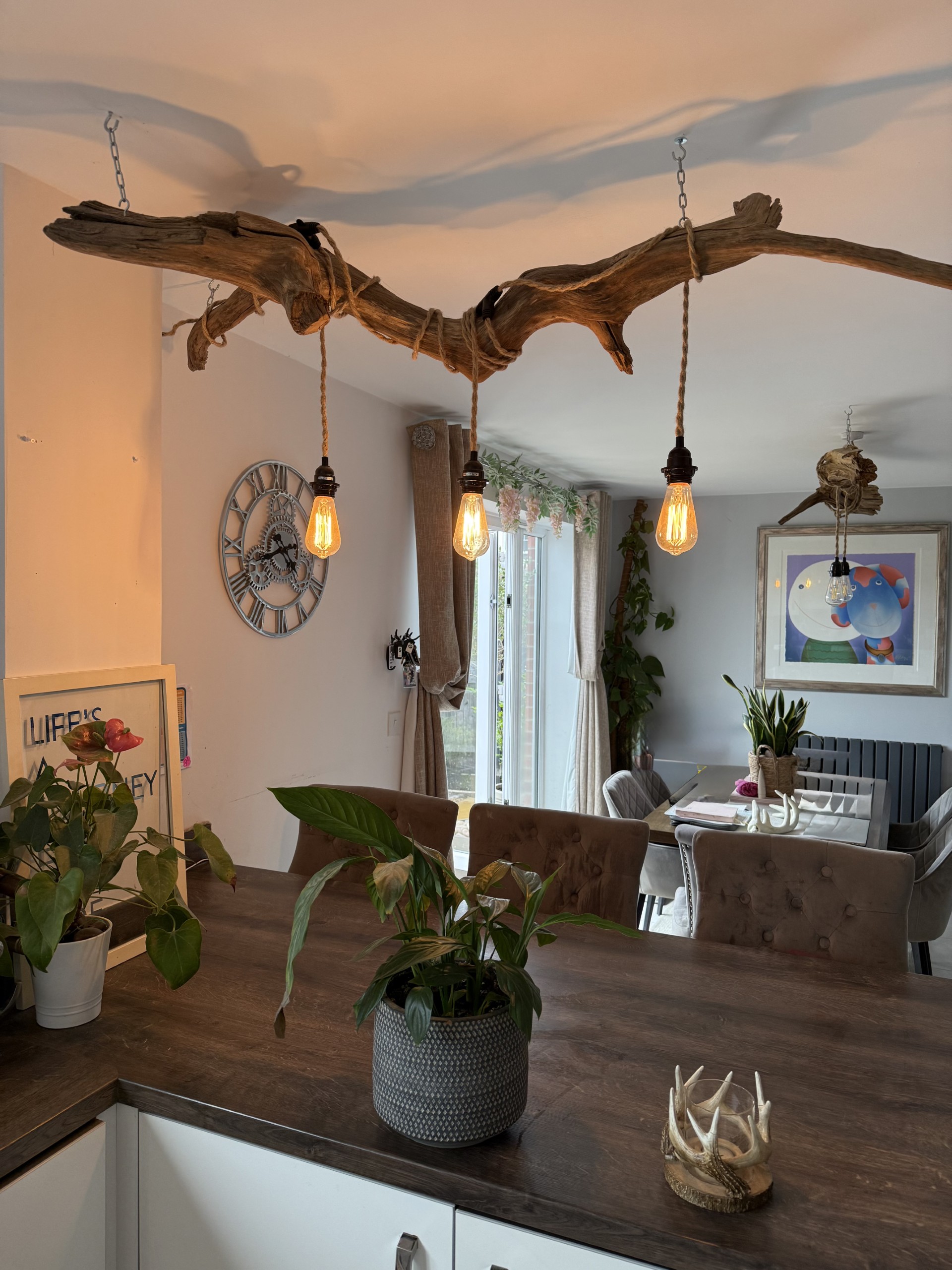 Rustic ceiling lamp with bohemian finish in a cozy breakfast bar hanging